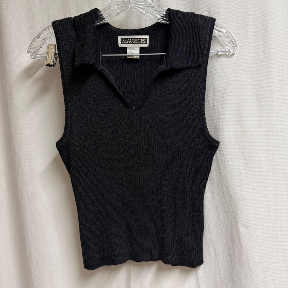 Vintage 90s Maurices Black Ribbed Sleeveless Polo Sweater V-Neck Top LG Classic